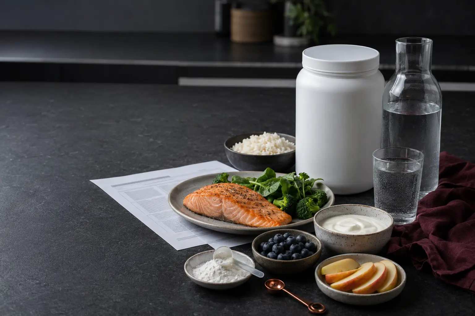 Aliments, eau et compléments neutres sur un plan de travail